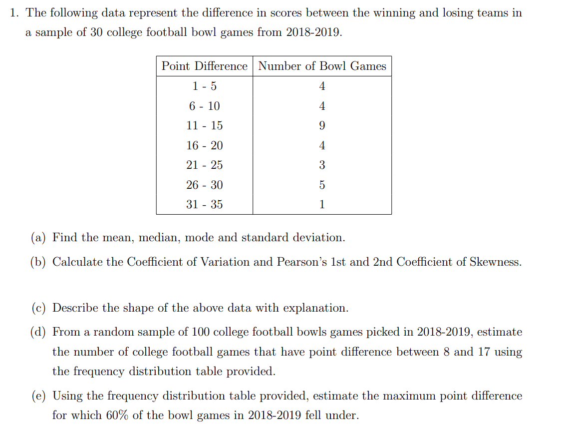 1. The following data represent the difference in scores between the winning and losing teams in
a sample of 30 college football bowl games from 2018-2019.
Point Difference Number of Bowl Games
1- 5
4
6 - 10
4
11 - 15
16 - 20
4
21 - 25
3
26 - 30
5
31 - 35
1
(a) Find the mean, median, mode and standard deviation.
(b) Calculate the Coefficient of Variation and Pearson's 1st and 2nd Coefficient of Skewness.
(c) Describe the shape of the above data with explanation.
(d) From a random sample of 100 college football bowls games picked in 2018-2019, estimate
the number of college football games that have point difference between 8 and 17 using
the frequency distribution table provided.
(e) Using the frequency distribution table provided, estimate the maximum point difference
for which 60% of the bowl games in 2018-2019 fell under.
