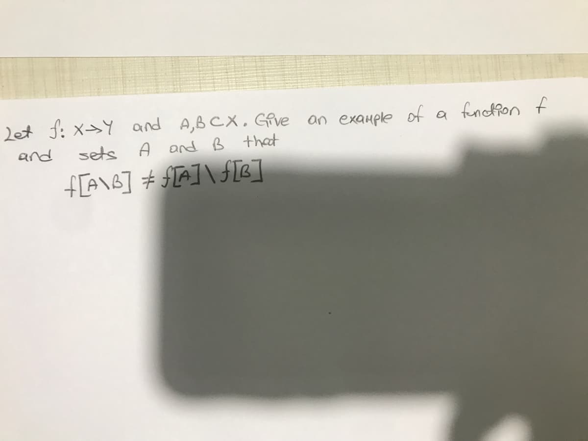 Let f: X-Y and A,BCX. Give an example of a function f
and
sets
A and B that
f[A\B] #f[A]\f[B]