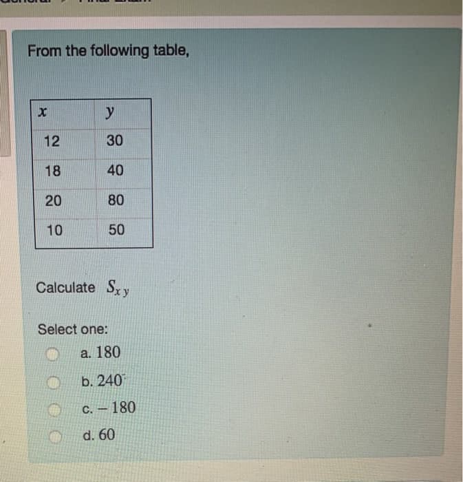 From the following table,
12
30
18
40
20
80
10
50
Calculate Sxy
Select one:
a. 180
b. 240
C. – 180
d. 60
