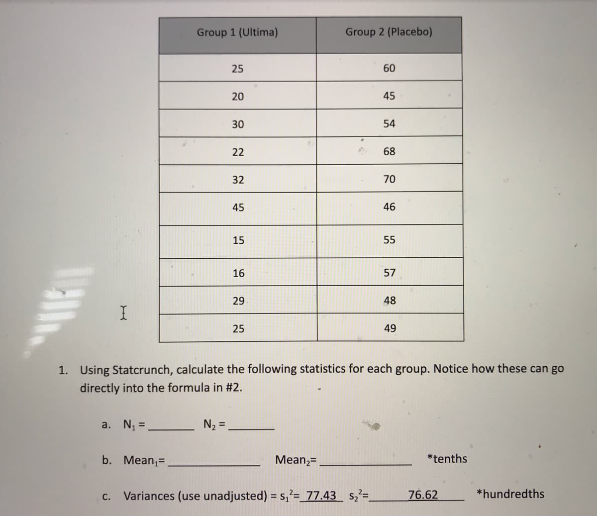 a. N₁ =
Group 1 (Ultima)
b. Mean₁=
25
N₂ =
20
30
22
32
45
15
16
29
25
Group 2 (Placebo)
Mean₂=
#
60
C. Variances (use unadjusted) = s₁²= 77.43 $₂²=_
45
54
68
70
46
1. Using Statcrunch, calculate the following statistics for each group. Notice how these can go
directly into the formula in #2.
55
57
48
49
*tenths
76.62
*hundredths