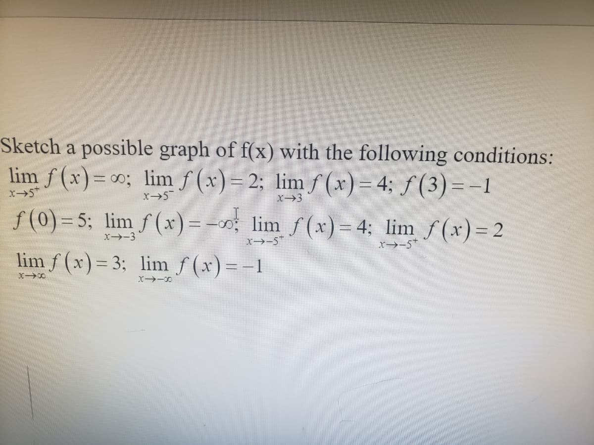 Sketch a possible graph of f(x) with the following conditions:
lim f (x)= 0; lim f (x)= 2; lim ƒ (x) = 4; ƒ (3) = -1
X-5
f (0) = 5; lim ƒ (x) = -x; lim f(x)= 4: lim f(x)= 2
X-3
x→-5
r→-5
lim f (x)= 3; lim f(x)=-1
X-0
