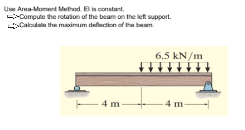 Use Area-Moment Method. El is constant.
>Compute the rotation of the beam on the left support.
Calculate the maximum deflection of the beam.
6.5 kN/m
4 m
- 4 m-
