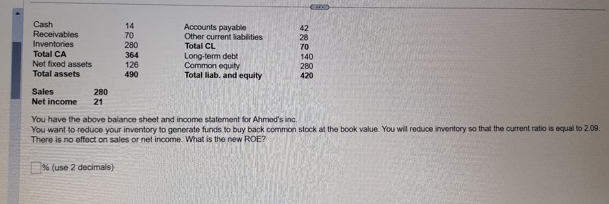 Cash
Receivables
Inventories
Total CA
Net fixed assets
Total assets
Sales
Net income
280
21
14
70
280
364
126
490
% (use 2 decimals)
Accounts payable
Other current liabilities
Total CL
Long-term debt
Common equity
Total liab. and equity
42
28
70
140
280
420
A
You have the above balance sheet and income statement for Ahmed's inc.
You want to reduce your inventory to generate funds to buy back common stock at the book value. You will reduce inventory so that the current ratio is equal to 2.09.
There is no effect on sales or net income. What is the new ROE?