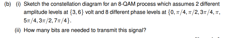 (b) (i) Sketch the constellation diagram for an 8-QAM process which assumes 2 different
amplitude levels at {3, 6} volt and 8 different phase levels at {0, π/4, π/2, 3π/4, π,
5π/4, 3/2, 7π/4}.
(ii) How many bits are needed to transmit this signal?