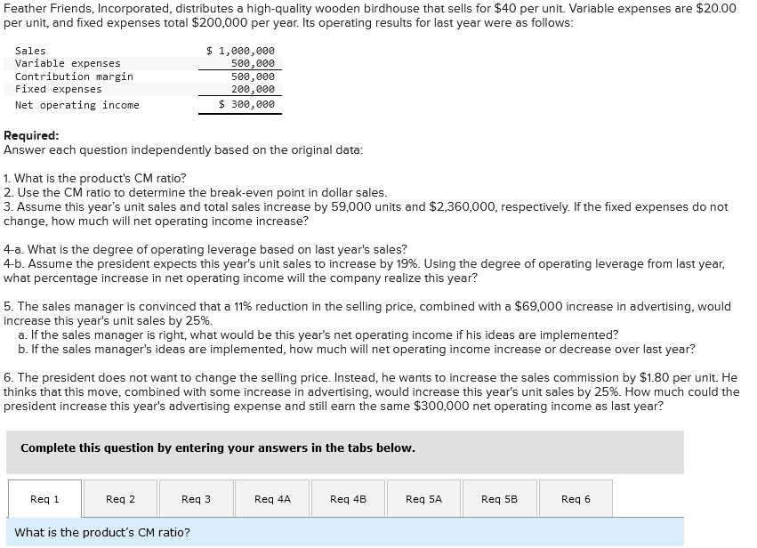 Feather Friends, Incorporated, distributes a high-quality wooden birdhouse that sells for $40 per unit. Variable expenses are $20.00
per unit, and fixed expenses total $200,000 per year. Its operating results for last year were as follows:
Sales
Variable expenses
Contribution margin
Fixed expenses
Net operating income
Required:
Answer each question independently based on the original data:
1. What is the product's CM ratio?
2. Use the CM ratio to determine the break-even point in dollar sales.
3. Assume this year's unit sales and total sales increase by 59,000 units and $2,360,000, respectively. If the fixed expenses do not
change, how much will net operating income increase?
$ 1,000,000
500,000
500,000
200,000
$ 300,000
4-a. What is the degree of operating leverage based on last year's sales?
4-b. Assume the president expects this year's unit sales to increase by 19%. Using the degree of operating leverage from last year,
what percentage increase in net operating income will the company realize this year?
5. The sales manager is convinced that a 11% reduction in the selling price, combined with a $69,000 increase in advertising, would
increase this year's unit sales by 25%.
a. If the sales manager is right, what would be this year's net operating income if his ideas are implemented?
b. If the sales manager's ideas are implemented, how much will net operating income increase or decrease over last year?
6. The president does not want to change the selling price. Instead, he wants to increase the sales commission by $1.80 per unit. He
thinks that this move, combined with some increase in advertising, would increase this year's unit sales by 25%. How much could the
president increase this year's advertising expense and still earn the same $300,000 net operating income as last year?
Complete this question by entering your answers in the tabs below.
Req 1
Req 2
Req 3
What is the product's CM ratio?
Req 4A
Req 4B
Req 5A
Req 5B
Req 6