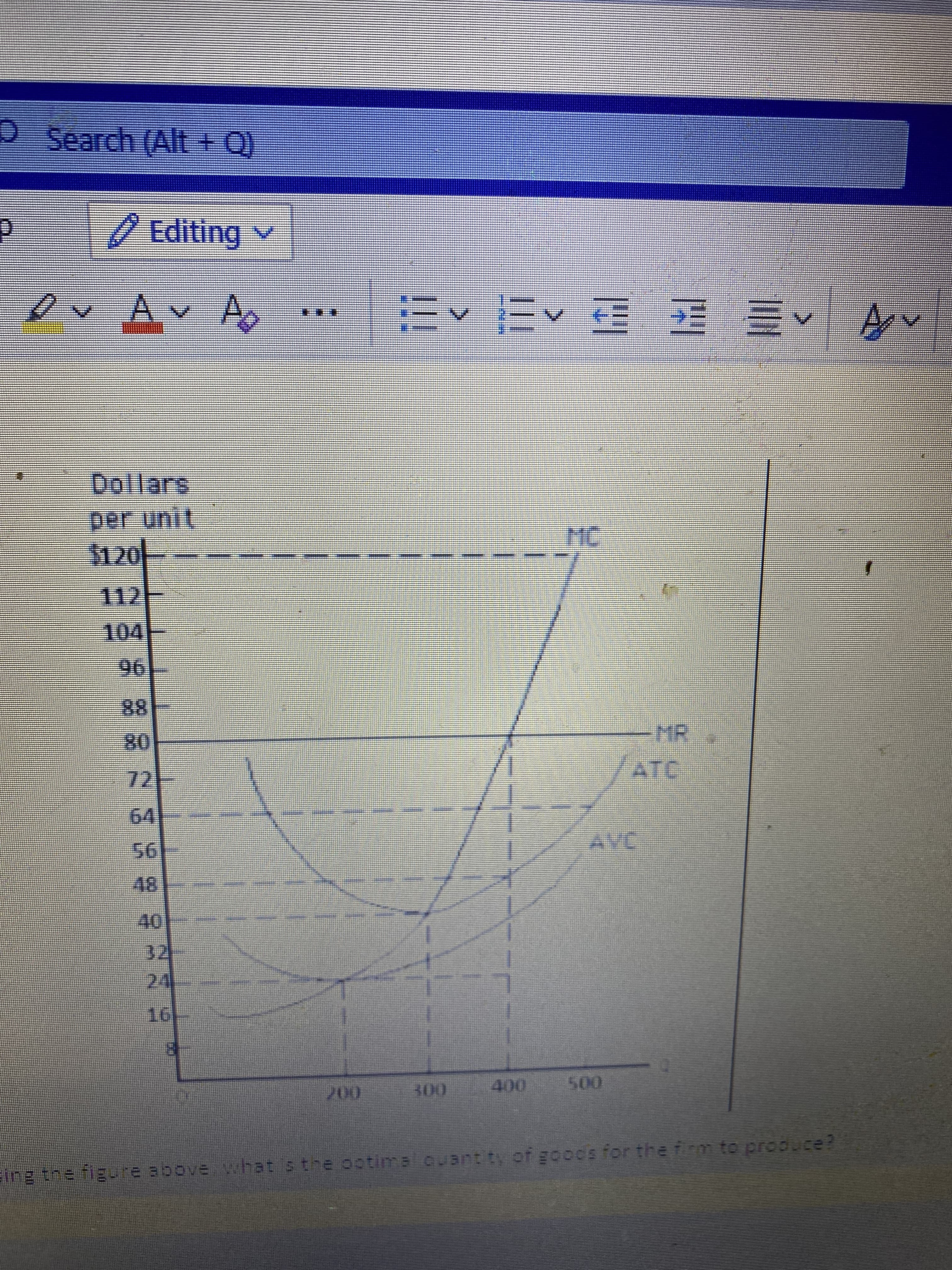 Below is the transcription and detailed explanation of the graph displayed in the image.

---

### Cost Curves in Microeconomics

**Graph Explanation:**

The graph depicted here illustrates several important economic cost curves for a firm. These curves are essential for understanding the firm's cost structure and economic decisions:

1. **Y-Axis (Dollars per Unit):**
   - The vertical axis represents the cost in dollars per unit of the good produced.
   - The scale begins at $0 and increments by $8, ranging up to $120.

2. **X-Axis (Quantity Produced):**
   - The horizontal axis represents the quantity of goods produced.
   - The scale begins at 0 and increments by 100, ranging up to approximately 500 units.

3. **Curves:**
   - **MC (Marginal Cost):**
     - Depicted as the upward-sloping curve that intersects with both ATC and AVC.
     - It starts from a lower point, increasing steeply as the quantity increases. 
   - **MR (Marginal Revenue):**
     - Depicted as a horizontal line extending across the graph.
   - **ATC (Average Total Cost):**
     - Starts at a higher point compared to AVC and MC, generally 'U' shaped, intersecting the MC curve at its lowest point.
   - **AVC (Average Variable Cost):**
     - Also 'U' shaped but starts at a lower point than ATC, intersecting the MC curve as well.

**Key Points:**
- The Marginal Cost (MC) curve always intersects both the Average Total Cost (ATC) and the Average Variable Cost (AVC) curves at their respective minimum points.
- The output level at which the MC intersects the ATC curve’s lowest point is where the average costs are minimized.

**Question for Consideration:**
- Based on the figure above, what is the optimal quantity of goods for the firm to produce?

The optimal quantity of production can be determined at the point where the Marginal Cost (MC) curve intersects the Marginal Revenue (MR) curve, which is not explicitly marked but should usually align with the profit-maximizing output levels on the graph.

---

This graph is crucial for understanding how firms make production decisions to minimize costs and maximize profitability within microeconomic principles.