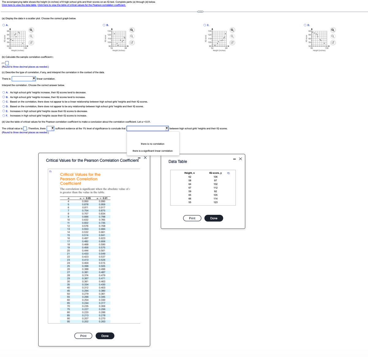 The accompanying table shows the height (in inches) of 8 high school girls and their scores on an IQ test. Complete parts (a) through (d) below.
Click here to view the data table. Click here to view the table of critical values for the Pearson correlation coefficient.
(a) Display the data in a scatter plot. Choose the correct graph below.
OB.
Oc.
OD.
130
64
60-
130
Height inches)
Height (inches)
Height (inches)
Haight (inches)
(b) Calculate the sample correlation coefficient r.
(Round to three decimal places as needed.)
(c) Describe the type of correlation, if any, and interpret the correlation in the context of the data.
There is
V linear correlation.
Interpret the correlation, Choose the correct answer below.
OA. As high school girls' heights increase, their 1Q scores tend to decrease.
OB. As high school girls' heights increase, their IQ scores tend to increase.
OC. Based on the correlation, there does not appear to be a linear relationship between high school girls' heights and their IQ scores.
OD. Based on the correlation, there does not appear to be any relationship between high school girls' heights and their IQ scores.
OE. Increases in high school girls' heights cause their IQ scores to decrease.
OF. Increases in high school girls' heights cause their IQ scores to increase.
(d) Use the table of critical values for the Pearson correlation coefficient to make a conclusion about the correlation coefficient. Let a = 0.01.
The critical value is Therefore, there
V sufficient evidence at the 1% level of significance to conclude that
V between high school girls' heights and their IQ scores.
(Round to three decimal places as needed.)
there is no correlation
there is a significant linear correlation
Critical Values for the Pearson Correlation Coefficient
Data Table
- X
Height, x
IQ score, y
Critical Values for the
Pearson Correlation
Coefficient
62
106
58
97
64
102
67
112
The correlation is significant when the absolute value of
is greater than the value in the table.
59
92
65
105
a- 0.05
0.960
0.878
0.811
B-001
0.990
0.959
66
114
55
123
0.917
0.875
0.834
0.754
0.707
0.666
0.798
Print
Done
10
1
0.632
0.765
0.602
0.576
0.553
0.532
0.735
0.708
0.684
0.661
12
13
14
15
16
0.514
0.497
0.482
0.468
0.456
0.444
0.433
0.423
0.641
0.623
0.606
17
19
20
0.575
0.561
0.549
0.537
21
22
23
0.413
0.526
24
0.404
0.515
25
0.396
0.505
26
0.388
0.496
27
0.381
0.487
28
0.374
0.479
0.471
29
30
35
0.367
0.361
0.463
0.430
0.334
0.312
0.294
0.279
40
0.403
0.380
0.361
0.345
0.330
0.317
0.306
0.296
45
50
55
0.266
60
0.254
0.244
0.235
70
75
80
85
90
0.227
0.220
0.213
0.207
0.286
0.278
0.270
95
0.202
0263
Print
Done
