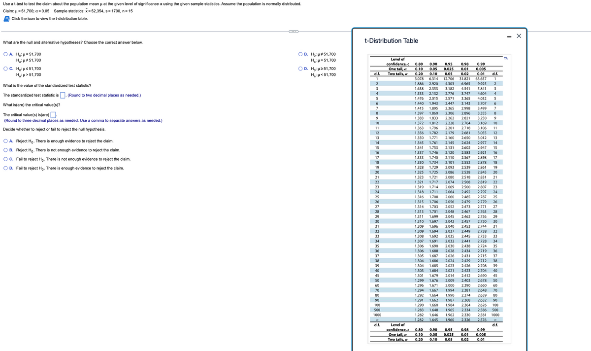 Use a t-test to test the claim about the population mean μ at the given level of significance a using the given sample statistics. Assume the population is normally distributed.
Claim: μ = 51,700; x = 0.05 Sample statistics: x = 52,354, s = 1700, n = 15
FClick the icon to view the t-distribution table.
What are the null and alternative hypotheses? Choose the correct answer below.
O A. Ho: μ=51,700
Ha: μ#51,700
O C. Ho: μ≤51,700
Ha: μ> 51,700
What is the value of the standardized test statistic?
The standardized test statistic is. (Round to two decimal places as needed.)
What is(are) the critical value(s)?
The critical value(s) is(are).
(Round to three decimal places as needed. Use a comma to separate answers as needed.)
Decide whether to reject or fail to reject the null hypothesis.
O A. Reject Ho. There is enough evidence to reject the claim.
OB. Reject Ho. There is not enough evidence to reject the claim.
O C. Fail to reject Ho. There is not enough evidence to reject the claim.
O D. Fail to reject Ho. There is enough evidence to reject the claim.
OB. Ho: 51,700
H₂: μ = 51,700
O D. Ho: 251,700
Ha: μ<51,700
t-Distribution Table
Level of
confidence, c
One tail, a
Two tails, a
d.f.
1
4
5
19
7
9
10
10
11
12
12
13
14
15
16
19
17
2
18
19
19
20
20
21
21
22
22
23
23
24
24
25
25
26
26
27
27
20
28
29
30
24
31
33
32
35
33
34
35
36
37
38
39
40
45
45
50
50
50
60
70
70
80
90
100
500
1000
d.f.
Level of
confidence, c
One tail, a
Two tails, a
0.80 0.90 0.95 0.98 0.99
0.10 0.05 0.025 0.01 0.005
0.20 0.10 0.05 0.02 0.01 d.f.
3.078 6.314 12,706 31.821 63.657
** 3.000
COCE oor
1.886 2.920 4.303 6.965 9.925
1:000 4:40
wwwwww
1.638 2.353 3.182 4.541
www
1.533 2.132 2.776
OOOO
3435
330
1.476
www
www
5
6
5.841 3
3:041
3.747 4.604
S
www
2.015 2.571 3.365 4.032
www www
1.440 1.943 2.447 3.143 3.707
1.440
3:140
ww
0
www
2.998 3.499 7
3:433
1,860 2.306 2.896 3.355
2.090
0
3:300
3.250 9
2.021
2,228 2.764
10
3.169
2.220
1415
1.895 2.365
1.397
1:331
2.300
1.383 1.833 2.262 2.821
2.202
1.372
1.812
2.764
3.169
10
3.106
11
1.363 1.796
1.356 1.782
1.350 1.771
2.201 2.718
2.179
2,160
2.681 3.055 12
2.650 3.012 13
1.345 1.761
2.145 2.624 2.977 14
1.341 1.753
www
2.131 2.602
2400
2.947
4:37
1.337 1.746
2,120 2.583
2.921
4:41
16
www 12740 €120 €1900
1.333 1.740 2.110
1:393
2.567 2.898
4.307 4:090
1.330 1.734
4.110
2.101
1:990
1704 2:191
2.552 2.878 18
4:992 2.970 10
1.328 1.729 2,093
2.539 2.861
1940 MA
2.099 2:399
1.325
1.323
2.000
1.725
2.528
2.086
1:723
1.721
1.721 2.080
1.323
1.323
2.080
1.321
1.321
1.717
2.074
1/17
1.714 2.069
19
2:001
2.845
2.526 2.045
20
20
2.831
2.518
21
2.518 2.051 21
22
2.508 2.819 22
2 807 23
2.500
2.500 2.807 25
2797
2787
2.819
1.319
1.319
1.714
2.069
1.318 1711
1./11
2.064
2.064
2.492
2.492
24
24
25
1316
1.316
1.708 2060
1.708
2485
2.485 2.787
2.060
2056
1.315
1.315
1.706
2.056
2479
2.479
2052
2473
2779
2.779
2771
25
26
26
27
1214 1703
1.314
1.703 2.052 2.473 2.771
27
28
1.212
1.313
1701
1.701
2018
2.048 2.467
2015
2467 2763
2.763 28
2.756
S
20
*** ****
1.310
1311 1600
1.311 1.699 2.045 2.462 2.756 29
2012 2.457 3.750
2.457 2.750 30
3455 5744 21
2.040 2.453
5037
2440
2.037 2.449
www
1.697 2.042
1606
1.300
2010
1.309 1.696
1.300 1.404
1.309 1.694
**** *
2.744 31
5.330 33
2.738
[O]
2.733
****
1.308 1.692
www re
1.307 1.691
www
2.035 2.445
** wwww
2.032
4:092 www
1.306 1.690 2.030 2.438
1:500 1:090 www
NA
1.306 1.688 2.028 2.434 2.719
2.441 2.728
ADA
2.724
ever
36
2.434 40
1.305 1.687 2.026
2.431 2.715 37
2.429 2.712 38
39
2422 2.704 40
2.426 2.708
1.303
2413
2600
45
1.304 1.686 2.024
1.304
1.685
2.023
1.684 2.021 2.423
2014
1.301 1.679 2.014 2.412 2.690 45
1.299
2.402
1.676 2.009 2.403 2.678 50
1.206 1.671
1.296 1.671 2.000 2.390 2.660 60
1204 1667 1.004 2.201 7640
1.294
70
1.667 1.994 2.381 2.648 70
4300 1001
1.292 1.664
80
4301
00
1.300
3.300
1.291 1.662
1.000 3374 5.630
1.990 2.374 2.639
*** 3.360 7.622
1.987 2.368 2.632 90
www
2626
1,290 1.660 1.984 2.364 2.626 100
1.303
1.283 1.648 1.965 2.334 2.586 500
1,282 1.646 1,962 2.330 2.581 1000
1.282 1.645 1.960 2.326 2.576
d.f.
0.80 0.90 0.95 0.98 0.99
0.10 0.05 0.025 0.01 0.005
0.20 0.10 0.05 0.02
0.01