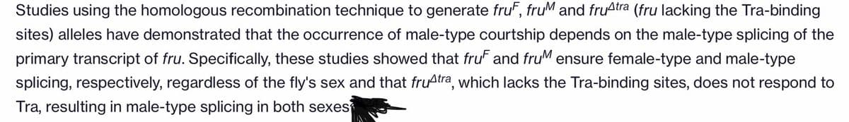 Studies using the homologous recombination technique to generate fruf, fruM and fruAtra (fru lacking the Tra-binding
sites) alleles have demonstrated that the occurrence of male-type courtship depends on the male-type splicing of the
primary transcript of fru. Specifically, these studies showed that fru and fruM ensure female-type and male-type
splicing, respectively, regardless of the fly's sex and that fruAtra, which lacks the Tra-binding sites, does not respond to
Tra, resulting in male-type splicing in both sexes
