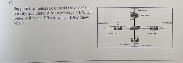 C)
Suppose that routers B, C, and D have default
priority, and router A has a priority of 0. Which
router will be the DR and which BDR? Show
why ?
172.16.1.0/24
с
00/1500/0
MID: 1.1.1.1
MID: 22.2.2
40/1
GO/0
172.16.30/24
100/1
RID: 3.3.3.3
00/000/1
RID: 44.44
172.14.2.0/24
172.16.4.0/24