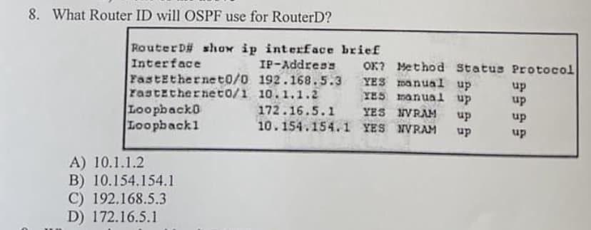 8. What Router ID will OSPF use for RouterD?
Router D# show ip interface brief
Interface
IP-Address
192.168.5.3
10.1.1.2
172.16.5.1
10.154.154.1
FastEthernet0/0
FastEthernet0/1
Loopback0
Loopback1
A) 10.1.1.2
B) 10.154.154.1
C) 192.168.5.3
D) 172.16.5.1
OK? Method Status Protocol
YES manual up
YES manual up
YES NVRAM
up
YES NVRAM
up
up
up
up
up