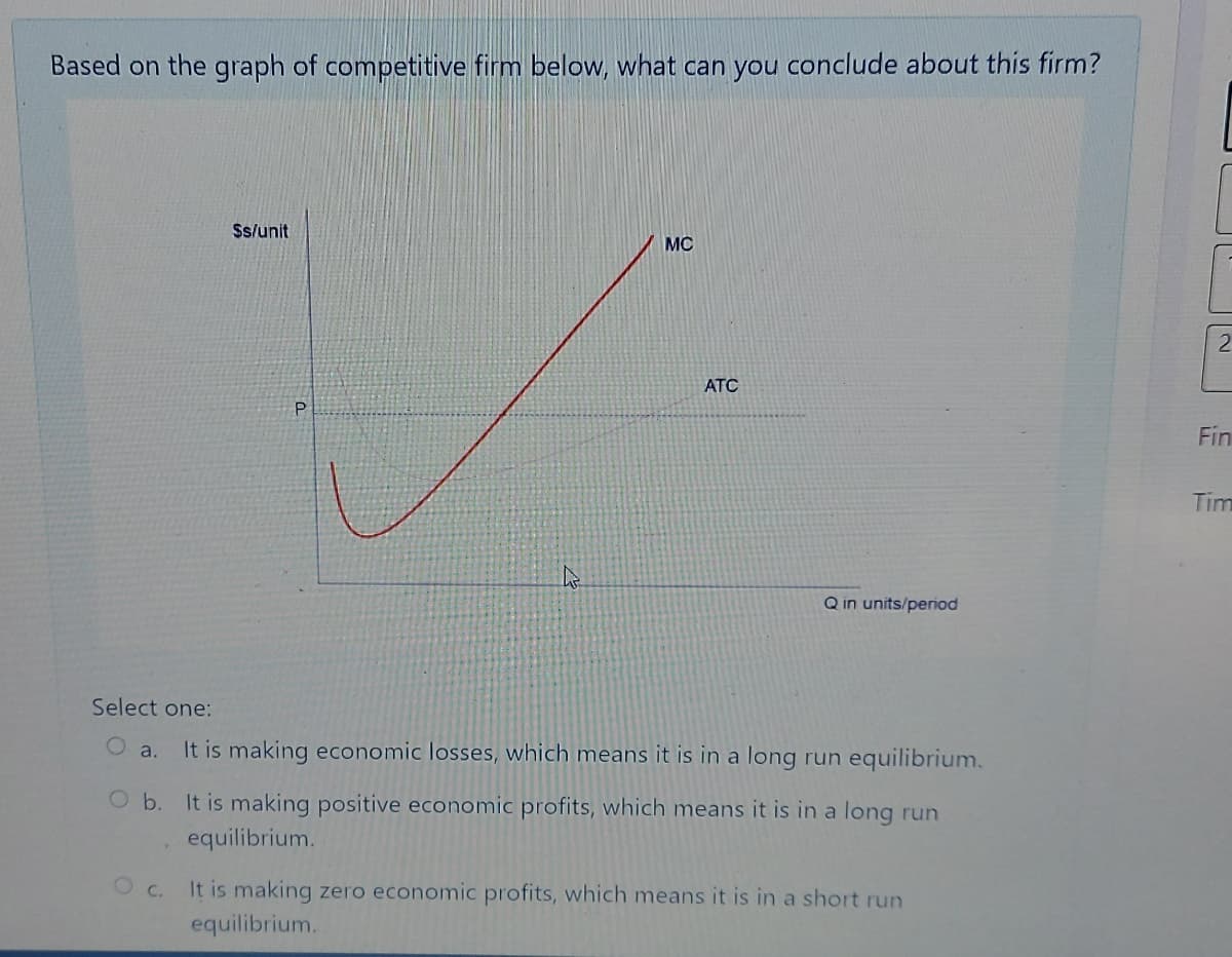 Based on the graph of competitive firm below, what can you conclude about this firm?
Ss/unit
MC
ATC
Fin
Tim
Q in units/period
Select one:
O a. It is making economic losses, which means it is in a long run equilibrium.
O b. It is making positive economic profits, which means it is in a long run
equilibrium.
c.
It is making zero economic profits, which means it is in a short run
equilibrium.
