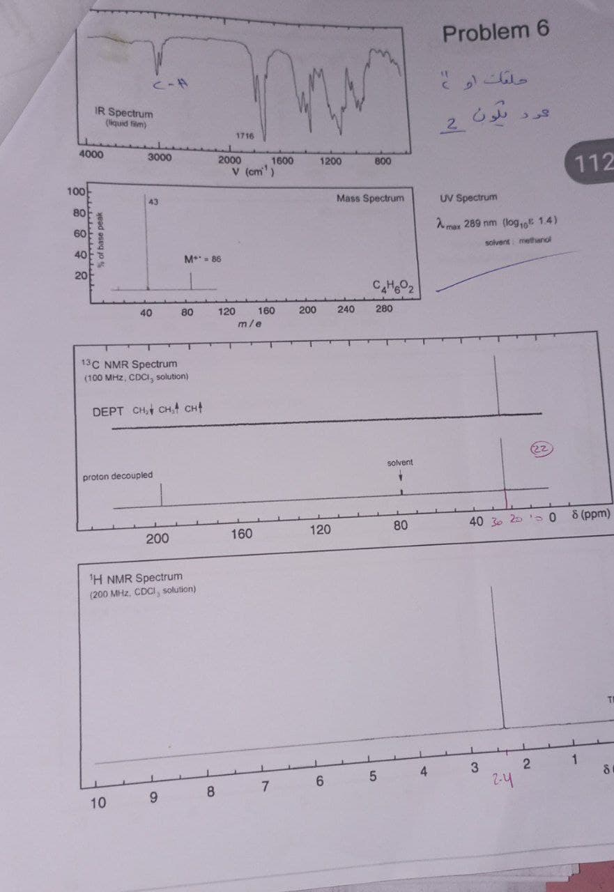 4000
100
IR Spectrum
(liquid film)
80
60
% of base peak
C-A
3000
43
10
40
13C NMR Spectrum
(100 MHz, CDCI, solution)
DEPT CH₂ CH₂ CH4
M+* = 86
80
proton decoupled
200
¹H NMR Spectrum
(200 MHz, CDCI, solution)
9
8
m
1716
1200
1600
V (cm¹)
2000
120
160
m/e
160
7
200 240
120
800
Mass Spectrum
6
C4H602
280
5
solvent
+
80
4
Problem 6
حلقات او )
لون
2
UV Spectrum
max 289 nm (log, 1.4)
solvent methanol
40 30 20
2
1
3
کرد
2-4
112
8 (ppm)
8