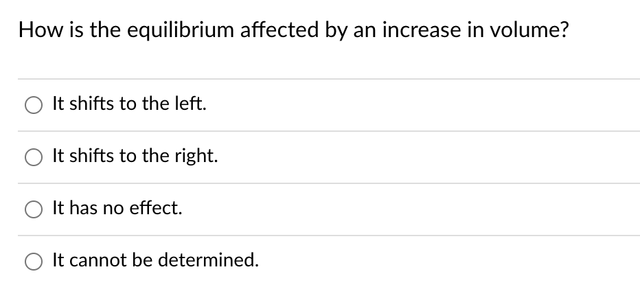 ---

### Understanding Equilibrium Shifts

**Question: How is the equilibrium affected by an increase in volume?**

**Options:**
1. ○ It shifts to the left.
2. ○ It shifts to the right.
3. ○ It has no effect.
4. ○ It cannot be determined.

---

### Explanation:
When the volume of a reaction system is increased, it typically leads to a decrease in pressure (assuming temperature is constant). According to Le Chatelier's Principle, the equilibrium will shift in the direction that counteracts this change—in this case, to the side with the greater number of gas molecules.

- **Option 1: It shifts to the left.** This would be correct if the reaction produces fewer gas molecules on the left side.
- **Option 2: It shifts to the right.** This would be correct if the reaction produces more gas molecules on the right side.
- **Option 3: It has no effect.** This might be the case if the number of gas molecules is the same on both sides of the reaction.
- **Option 4: It cannot be determined.** This might be chosen if there is insufficient information about the number of gas molecules involved in the reaction.

Understanding the direction of the shift requires knowing the specific balanced equation for the reaction and the respective quantities of gas molecules on each side.

For more detailed study on equilibrium and Le Chatelier's Principle, explore our comprehensive guides and interactive modules on chemical reactions and equilibrium shifts.

---