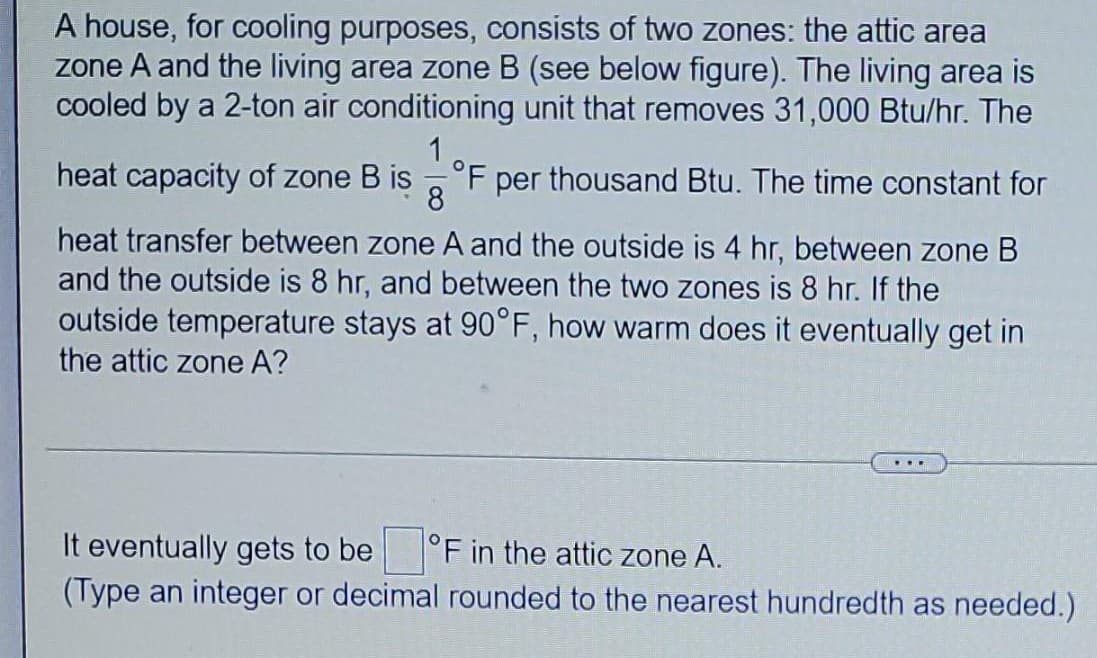 A house, for cooling purposes, consists of two zones: the attic area
zone A and the living area zone B (see below figure). The living area is
cooled by a 2-ton air conditioning unit that removes 31,000 Btu/hr. The
heat capacity of zone B is
8.
°F per thousand Btu. The time constant for
heat transfer between zone A and the outside is 4 hr, between zone B
and the outside is 8 hr, and between the two zones is 8 hr. If the
outside temperature stays at 90°F, how warm does it eventually get in
the attic zone A?
....
It eventually gets to be
(Type an integer or decimal rounded to the nearest hundredth as needed.)
°F in the attic zone A.
