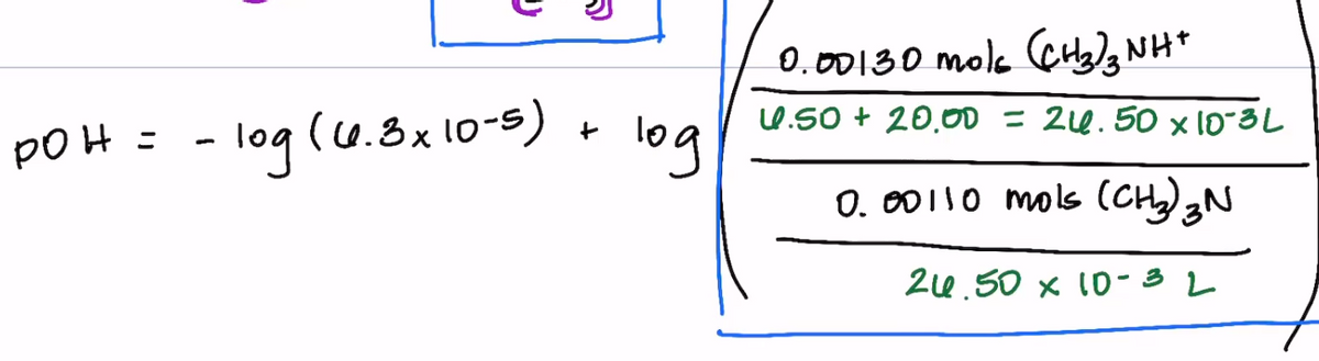 0.00130 molk (CH2)NH*
POH = - log (u.8x 10-5)
- log (0.8x 10-s)
4.50 + 20.0D = 214.50 x 10-3L
log
0.00110 mols (CH)N
24.50 x 10-3L
