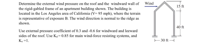 Determine the external wind pressure on the roof and the windward wall of Wind
the rigid-gabled frame of an apartment building shown. The building is
located in the Los Angeles area of California (V= 95 mph), where the terrain
is representative of exposure B. The wind direction is normal to the ridge as
15 ft
shown.
40 ft
Use external pressure coefficient of 0.3 and -0.6 for windward and leeward
sides of the roof. Use Ka= 0.85 for main wind-force resisting systems, and
Ke =1.
E 30 ft -
