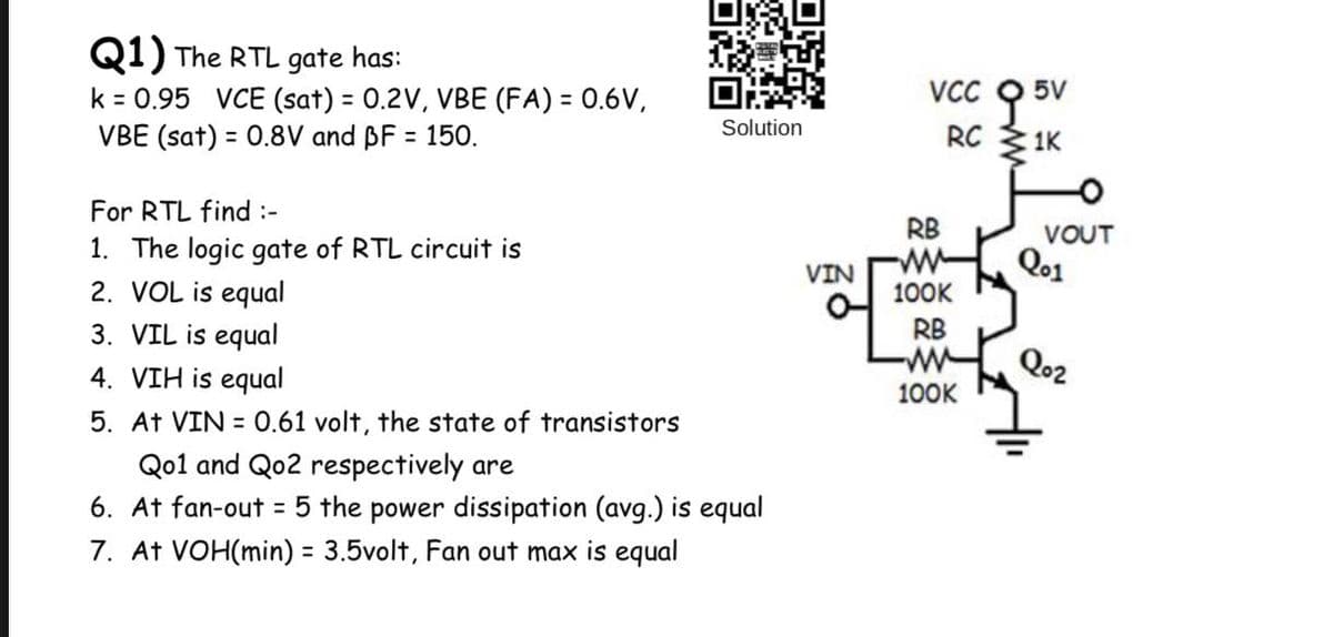 Q1) The RTL gate has:
k = 0.95 VCE (sat) = 0.2V, VBE (FA) = 0.6V,
VBE (sat) = 0.8V and BF = 150.
VCC
5V
%3D
RC {IK
Solution
%3D
For RTL find :-
RB
VOUT
1. The logic gate of RTL circuit is
2. VOL is equal
3. VIL is equal
Qo1
VIN
100K
RB
Qo2
4. VIH is equal
100K
5. At VIN = 0.61 volt, the state of transistors
Qo1 and Qo2 respectively are
6. At fan-out = 5 the power dissipation (avg.) is equal
7. At VOH(min) = 3.5volt, Fan out max is equal
%3D
