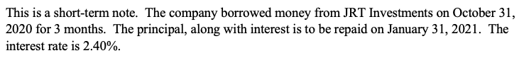 This is a short-term note. The company borrowed money from JRT Investments on October 31,
2020 for 3 months. The principal, along with interest is to be repaid on January 31, 2021. The
interest rate is 2.40%.
