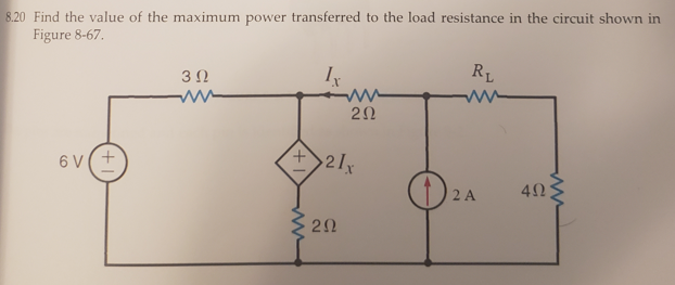 8.20 Find the value of the maximum power transferred to the load resistance in the circuit shown in
Figure 8-67.
3 0
RL
20
6 V(+
2 A
20
