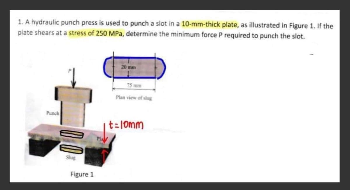 1. A hydraulic punch press is used to punch a slot in a 10-mm-thick plate, as illustrated in Figure 1. If the
plate shears at a stress of 250 MPa, determine the minimum force P required to punch the slot.
Punch
Slug
Figure 1
20 mm
75 mm
Plan view of slug
t=10mm