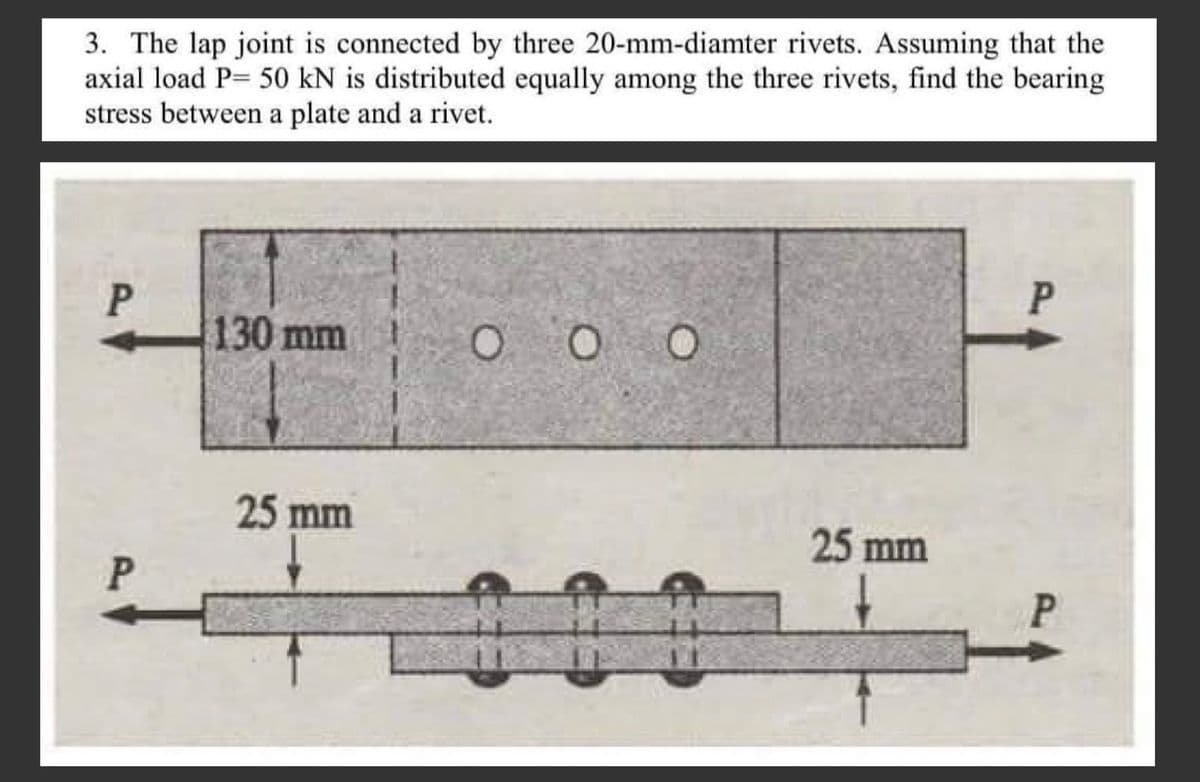 3. The lap joint is connected by three 20-mm-diamter rivets. Assuming that the
axial load P= 50 kN is distributed equally among the three rivets, find the bearing
stress between a plate and a rivet.
P
P
130 mm
25 mm
000
25 mm
P
P