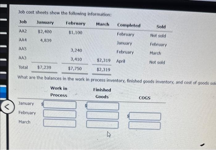 Job cost sheets show the following information:
Job
January February March
$2,400
$1,100
4,839
January
February
March
AA2
AA4
AAS
AA3
Total $7,239
What are the balances in the work in process inventory, finished goods inventory, and cost of goods sole
Work in
Process
3,240
3,410
$7,750
$2,319 April
$2,319
Finished
Goods
Completed
February
January
February
K
hs
Sold
Not sold
February
March
Not sold
COGS