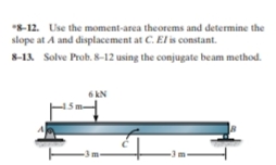 *-12. Use the moment-area theorems and determine the
slope at A and displacement at C. El is constant.
8-13 Solve Prob. 8–12 using the conjugate beam method.
6 kN
-3m-
