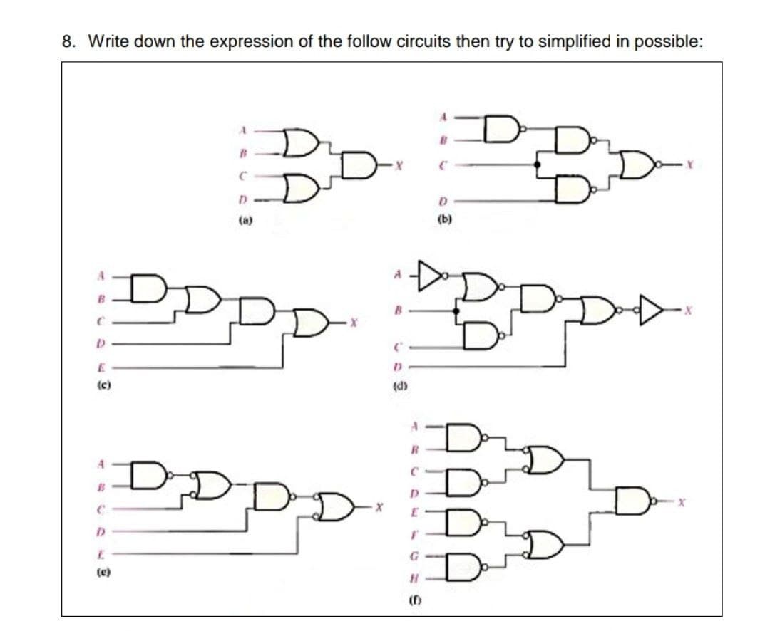 8. Write down the expression of the follow circuits then try to simplified in possible:
Dr
(a)
(b)
DDI
A
(c)
(d)
D.D
G
(e)
(f)
AAAA
