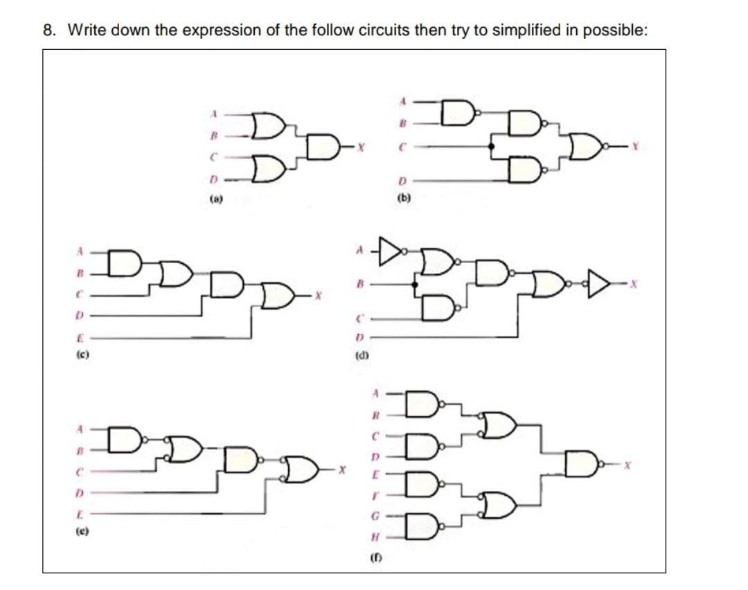 8. Write down the expression of the follow circuits then try to simplified in possible:
A
D.
D'
(a)
(b)
(c)
(d)
D.
G
(c)
()
