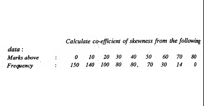 Calculate co-efficient of skewness from the following
data :
Marks above
O 10
20 30
40
50
60
70
80
Frequency
150 140 100 80
80. 70
30
14
