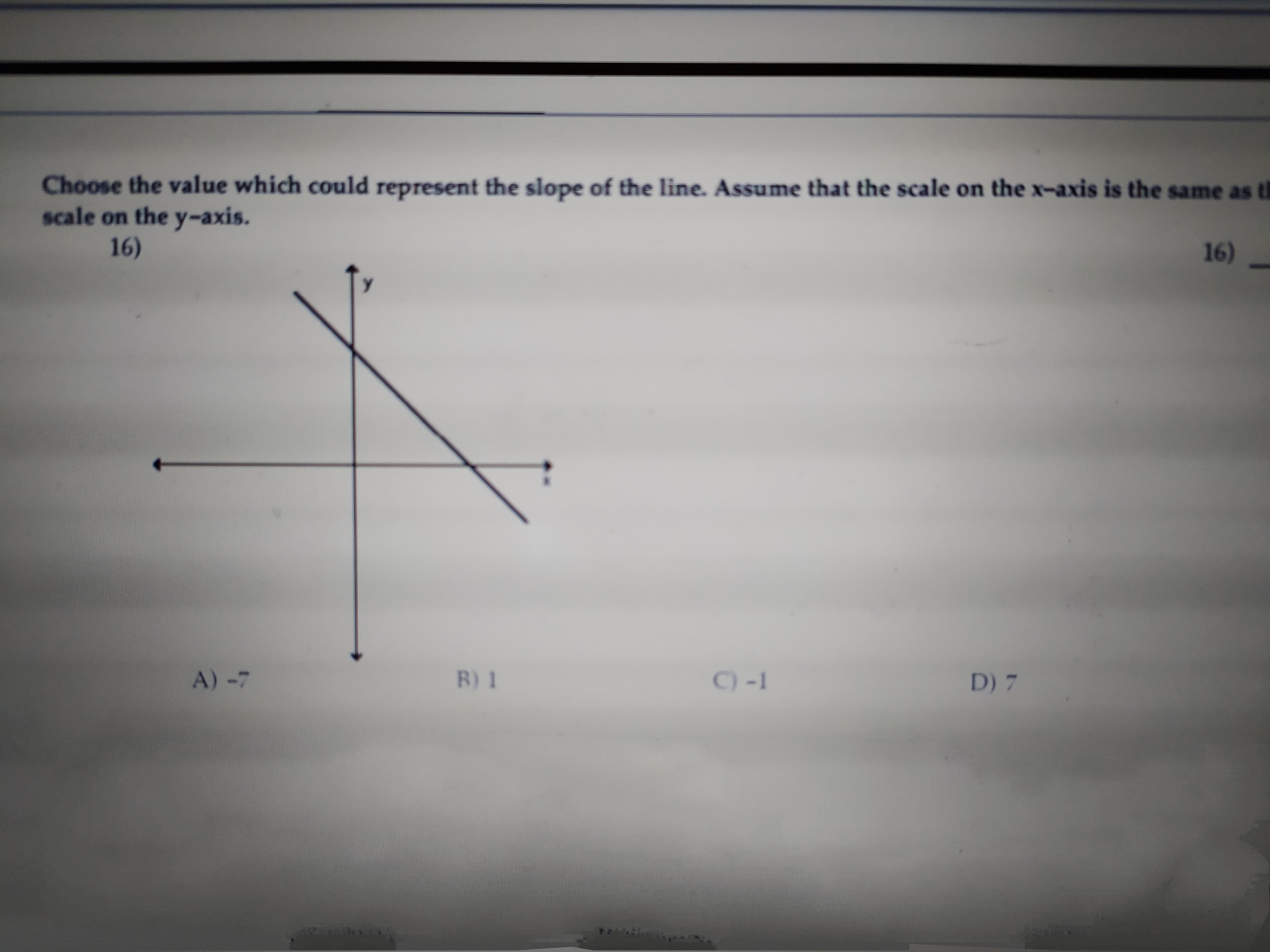 Choose the value which could represent the slope of the line. Assume that the scale on the x-axis is the same as th
scale on the y-axis.
16)
16)
A) -7
B) 1
C)-1
D) 7
