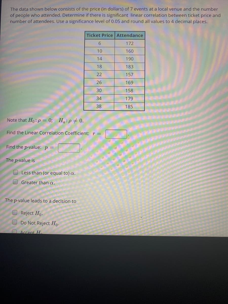 The data shown below consists of the price (in dollars) of 7 events at a local venue and the number
of people who attended. Determine if there is significant linear correlation between ticket price and
number of attendees. Use a significance level of 0.05 and round all values to 4 decimal places.
Ticket Price Attendance
172
10
160
14
190
18
183
22
157
26
169
30
158
34
179
38
185
Note that Ho: p = 0; Ha:p7 0.
Find the Linear Correlation Coefficient: r =
Find the p-value: p =
The p-value is
OLess than (or equal to) a.
Greater than a.
The p-value leads to a decision to
Reject Ho.
ODo Not Reject H9.
Accent H.
