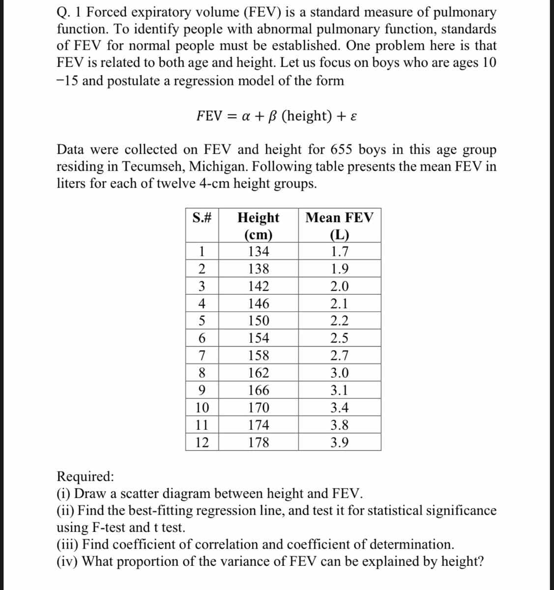 Q. 1 Forced expiratory volume (FEV) is a standard measure of pulmonary
function. To identify people with abnormal pulmonary function, standards
of FEV for normal people must be established. One problem here is that
FEV is related to both age and height. Let us focus on boys who are ages 10
-15 and postulate a regression model of the form
FEV = a + B (height) + ɛ
Data were collected on FEV and height for 655 boys in this age group
residing in Tecumseh, Michigan. Following table presents the mean FEV in
liters for each of twelve 4-cm height groups.
Height
(ст)
134
S.#
Mean FEV
(L)
1
1.7
138
1.9
3
142
2.0
4
146
2.1
150
2.2
6.
154
2.5
7
158
2.7
8.
162
3.0
9.
166
3.1
10
170
3.4
11
174
3.8
12
178
3.9
Required:
(i) Draw a scatter diagram between height and FEV.
(ii) Find the best-fitting regression line, and test it for statistical significance
using F-test and t test.
(iii) Find coefficient of correlation and coefficient of determination.
(iv) What proportion of the variance of FEV can be explained by height?
