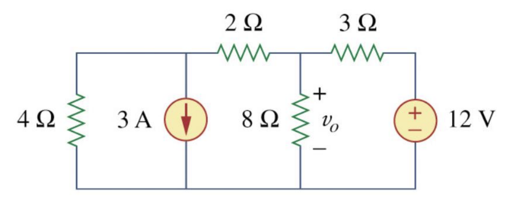 4Ω
www
3A (Η
2 Ω
ww
8 Ω
+
3Ω
να
-
+1
12 V