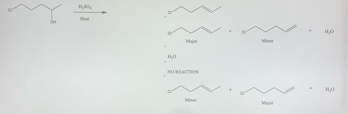 CI
OH
H₂SO4
Heat
C-
D.
CI
E
H₂O
Major
NO REACTION
Minor
Minor
Major
H₂O
H₂O