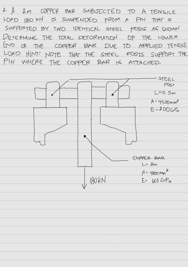 2- A 2m
COPPER BAR SUBJECTEO TO A TENSILE
IS SUSPENDED FROM A
LOAD IBO KN
SUPPORTED BY TWO IDENTICAL
PIN THAT S
pOSIS AS SHON
OF THE LOWER
AFPLIED TENSILE
POSTS SUPPORT THE
STEEL
DETERMINE THE TOTAL DEFORMATION
END OF THE
LOAD HINT: NOTE THAT THE STEEL
PIN WHERE THE COFPER BAR IS ATTACHED.
COPPER BAR
DUE TO
STEEL
POST
L=0.5m
A= 4500mm
E- 200GPA
COPFER BAR
L- am
A= 4800 Mn
E- l20 GPa
180KN
