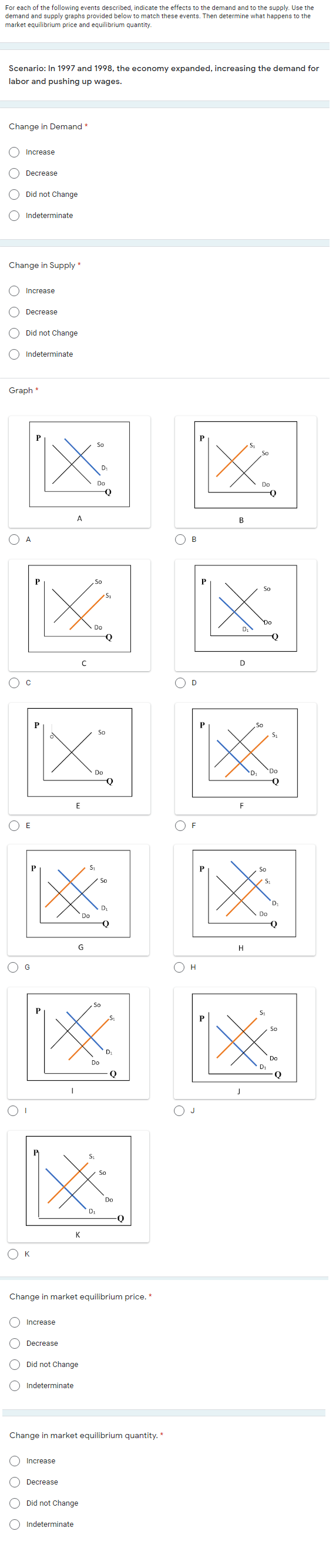 For each of the following events described, indicate the effects to the demand and to the supply. Use the
demand and supply graphs provided below to match these events. Then determine what happens to the
market equilibrium price and equilibrium quantity.
Scenario: In 1997 and 1998, the economy expanded, increasing the demand for
labor and pushing up wages.
Change in Demand *
Increase
Decrease
Did not Change
O Indeterminate
Change in Supply *
Increase
Decrease
Did not Change
O Indeterminate
Graph *
So
So
Do
Do
A
B
O A
В
P
So
So
Do
Do
D.
So
So
Do
Do
F
E
So
So
D
Do
Do
G
O G
O H
So
So
Do
Do
D1
Q
So
Do
D1
Q
K
O K
Change in market equilibrium price. *
Increase
Decrease
Did not Change
Indeterminate
Change in market equilibrium quantity. *
Increase
Decrease
Did not Change
Indeterminate
O O
O O
