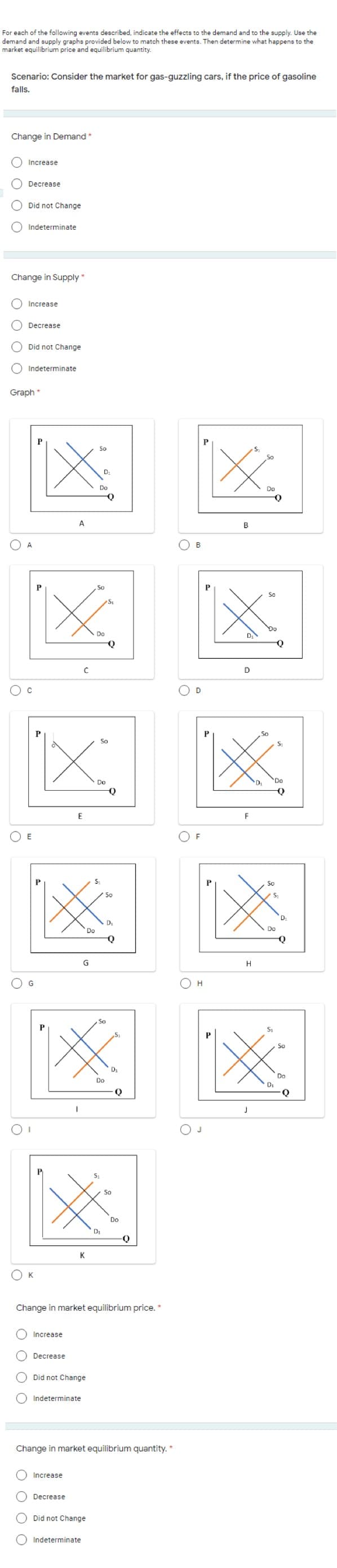 For each of the following events described, indicate the effects to the demand and to the supply. Use the
demand and supply graphs provided below to match these events. Then determine what happens to the
market equilibrium price and equilibrium quantity.
Scenario: Consider the market for gas-guzzling cars, if the price of gasoline
falls.
Change in Demand*
Increase
Decrease
O Did not Change
O Indeterminate
Change in Supply
Increase
Decrease
Did not Change
Indeterminate
Graph *
So
So
Do
Do
A
B
A
O B
P
So
So
St
Do
D.
D
O D
So
Do
'Do
Q
F
O E
O F
P
So
So
Do
Do
G
G
Он
So
P
So
Do
Do
DI
J
So
Do
Q
K
O K
Change in market equilibrium price.*
Increase
Decrease
Did not Change
Indeterminate
Change in market equilibrium quantity. *
Increase
O Decrease
Did not Change
O Indeterminate
O O O O
