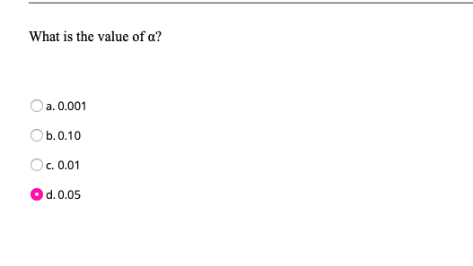 What is the value of a?
a. 0.001
Ob.0.10
O. 0.01
d. 0.05
