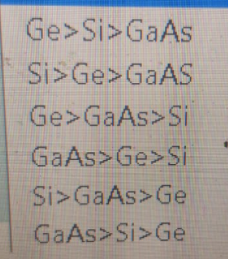 Ge>Si>GaAs
Si>Ge>GAAS
Ge>GaAs>Si
GaAs>Ge>Si
Si>GaAs>Ge
GaAs>Si>Ge
