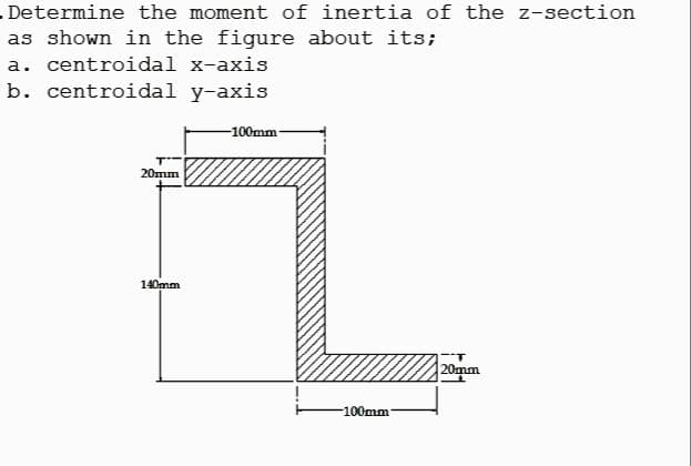 Determine the moment of inertia of the z-section
as shown in the figure about its;
a. centroidal x-axis
b. centroidal
y-axis
20mm
140mm
-100mm
-100mm
120mm