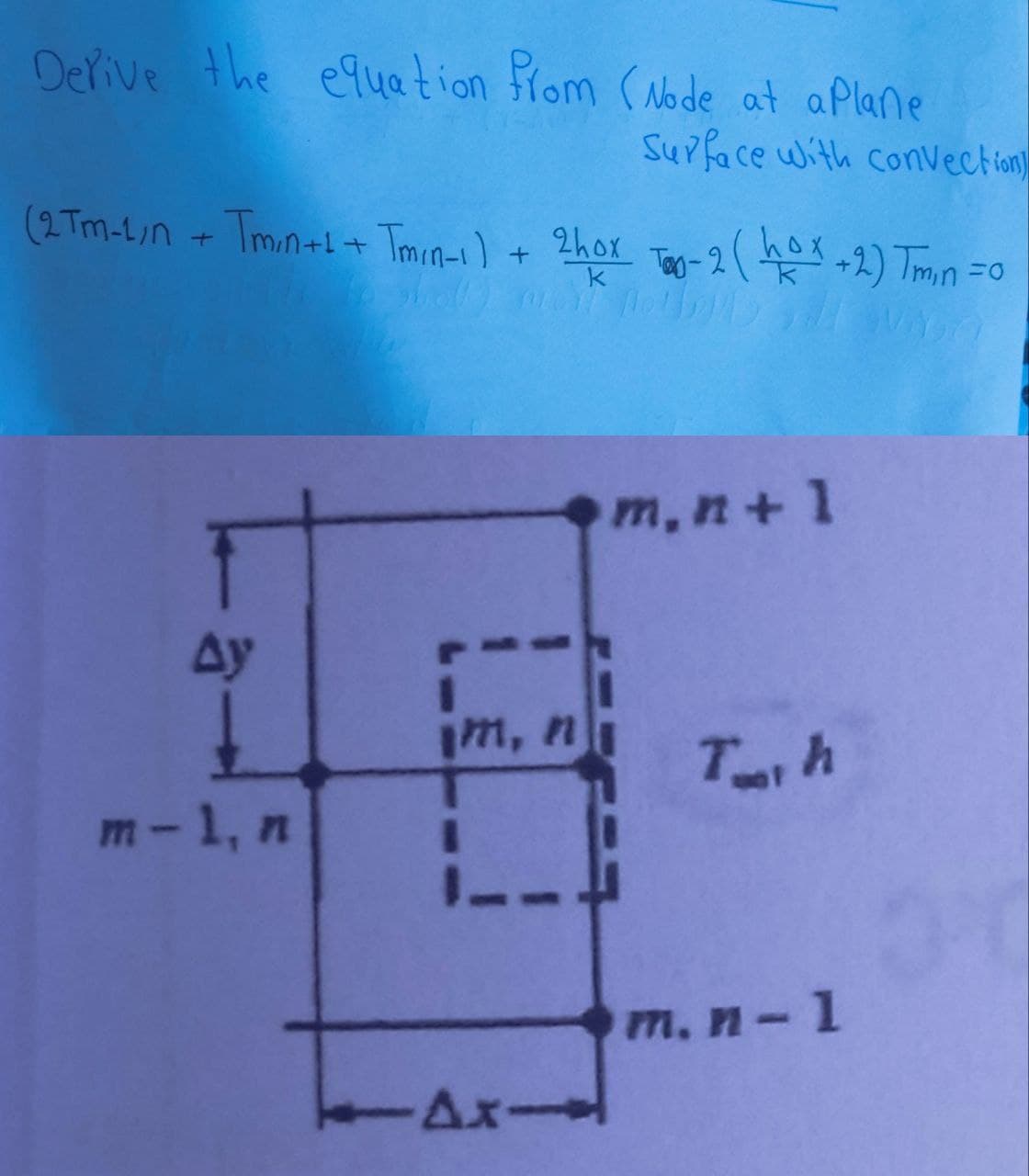 Derive the equation from (Node at a Plane
Surface with convection
(2 Tm-1/n + Tmin+1 + Tmin-1) + 2 hox Top-2 (hox + 2) Tm₁n =0
k
Ay
m-1, n
◆m, n+1
07
1m, n
-Ax->
Tooth
m. n-l