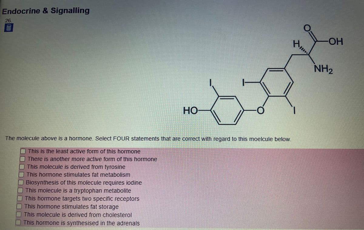 Endocrine & Signalling
26.
HO-
NH2
HO-
The molecule above is a hormone. Select FOUR statements that are correct with regard to this moelcule below.
This is the least active form of this hormone
There is another more active form of this hormone
This molecule is derived from tyrosine
This hormone stimulates fat metabolism
Biosynthesis of this molecule requires iodine
This molecule is a tryptophan metabolite
This hormone targets two specific receptors
This hormone stimulates fat storage
This molecule is derived from cholesterol
This hormone is synthesised in the adrenals
