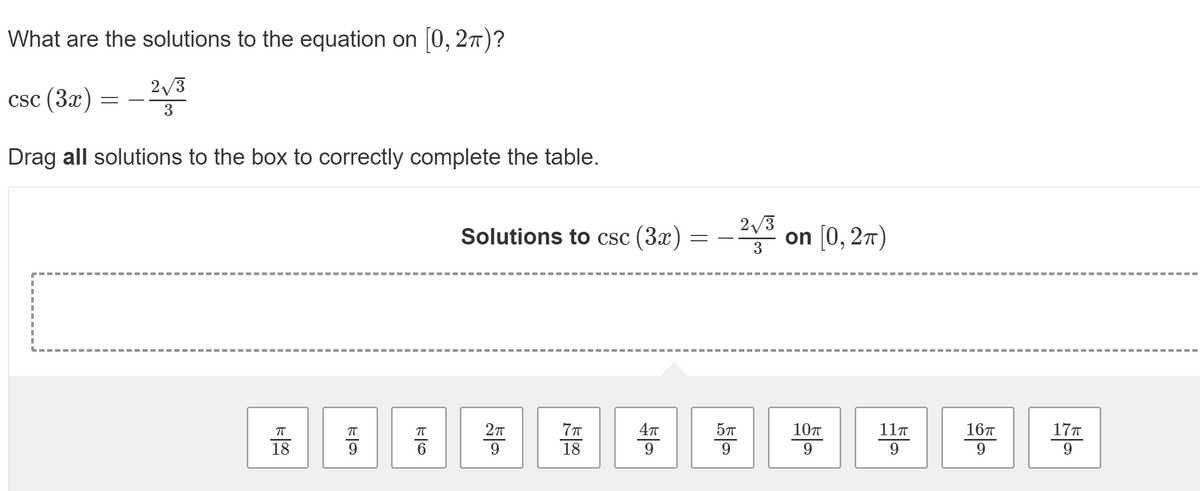 What are the solutions to the equation on 0, 277)?
2/3
csc (3x)
3
Drag all solutions to the box to correctly complete the table.
Solutions to csc (3x) :
2/3
on [0, 27)
3
4T
107
11T
16T
17T
18
9
9
18
9.
9
9
9
9
9
如
