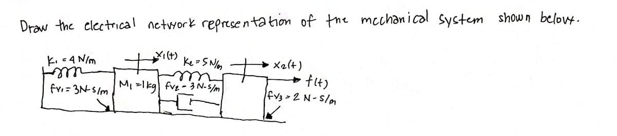 Draw the electrical network representation of the mechanical system shown belove.
Xi(t)
Ke=SN/
x2(+)
K₁ = 4 N/m
m
= f(t)
fri=3N-5/m
M₁ =1kg| fv₂-3 N-s/m
|fv3=2 N-S/m