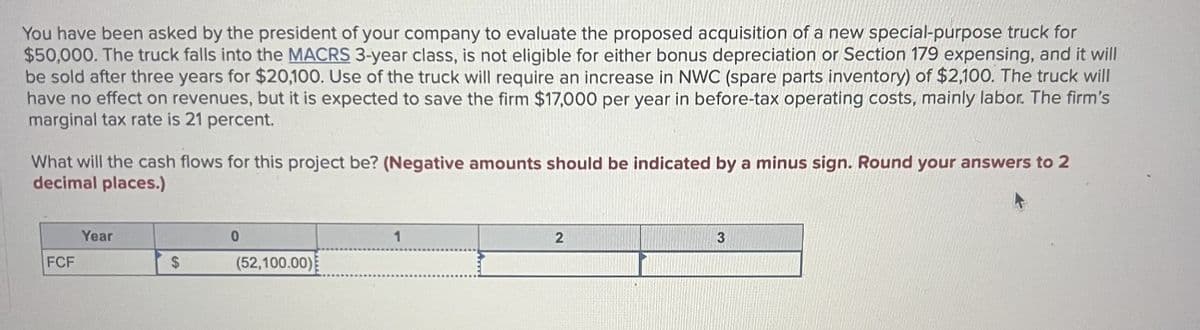 You have been asked by the president of your company to evaluate the proposed acquisition of a new special-purpose truck for
$50,000. The truck falls into the MACRS 3-year class, is not eligible for either bonus depreciation or Section 179 expensing, and it will
be sold after three years for $20,100. Use of the truck will require an increase in NWC (spare parts inventory) of $2,100. The truck will
have no effect on revenues, but it is expected to save the firm $17,000 per year in before-tax operating costs, mainly labor. The firm's
marginal tax rate is 21 percent.
What will the cash flows for this project be? (Negative amounts should be indicated by a minus sign. Round your answers to 2
decimal places.)
FCF
Year
$
0
(52,100.00)
1
2
3