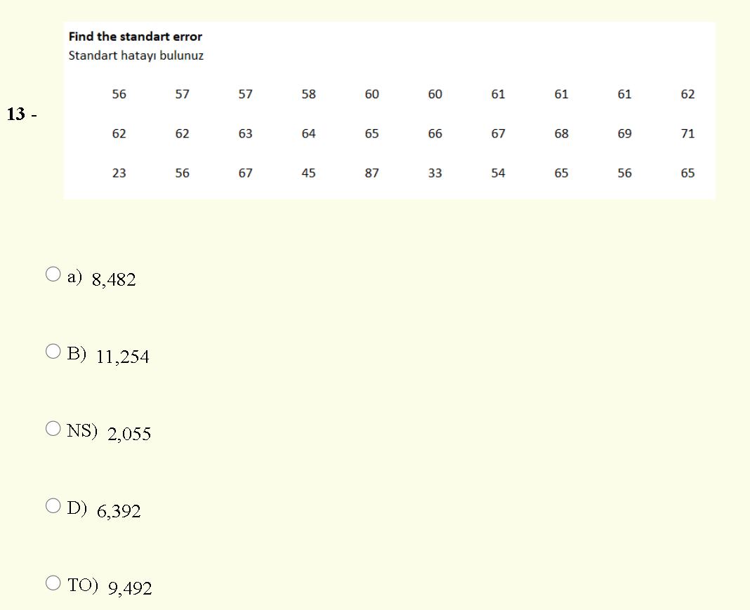 Find the standart error
Standart hatayı bulunuz
56
57
57
58
60
60
61
61
61
62
13 -
62
62
63
64
65
66
67
68
69
71
23
56
67
45
87
33
54
65
56
65
O a) 8,482
B) 11,254
O NS) 2,055
O D) 6,392
O TO) 9,492

