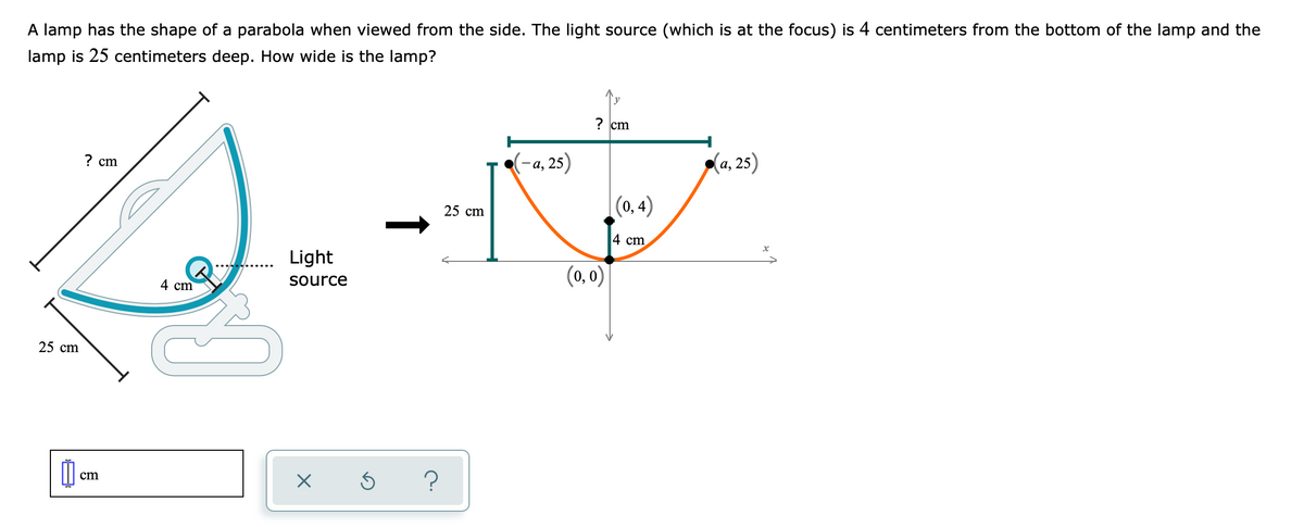 A lamp has the shape of a parabola when viewed from the side. The light source (which is at the focus) is 4 centimeters from the bottom of the lamp and the
lamp is 25 centimeters deep. How wide is the lamp?
? cm
(-а, 25)
(a, 25)
? cm
|(0, 4)
25 cm
4 cm
Light
(0, 0)
source
4 cm
25 cm
cm
