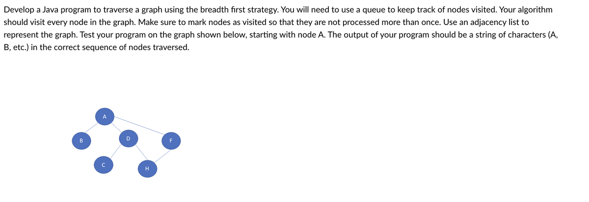 Develop a Java program to traverse a graph using the breadth first strategy. You will need to use a queue to keep track of nodes visited. Your algorithm
should visit every node in the graph. Make sure to mark nodes as visited so that they are not processed more than once. Use an adjacency list to
represent the graph. Test your program on the graph shown below, starting with node A. The output of your program should be a string of characters (A,
B, etc.) in the correct sequence of nodes traversed.
A
D
F
